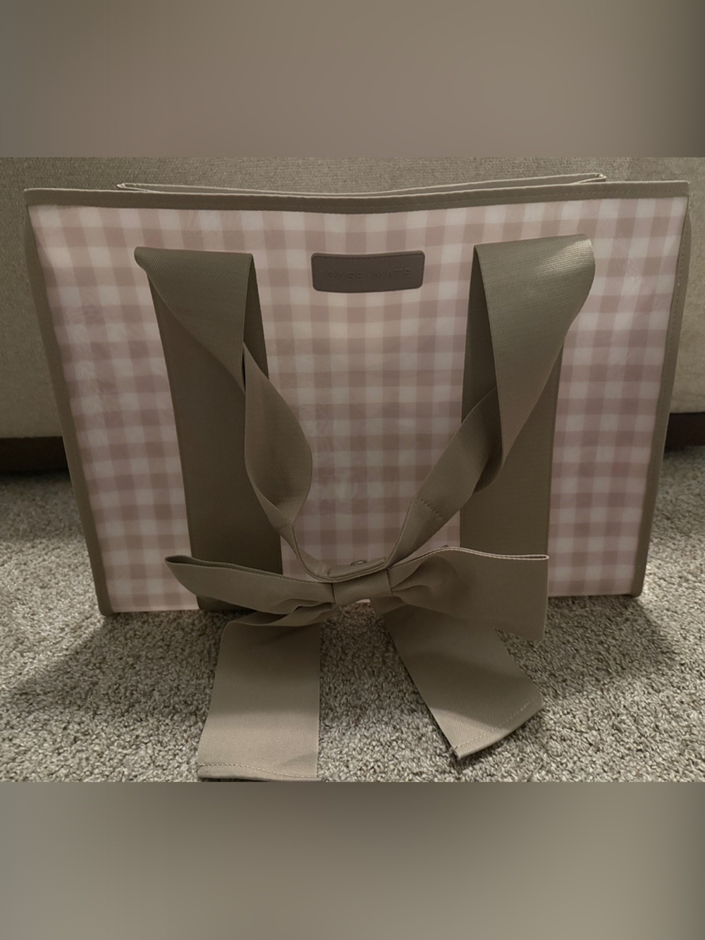 case-mate Pink Gingham Tote with Taupe Bow Handles